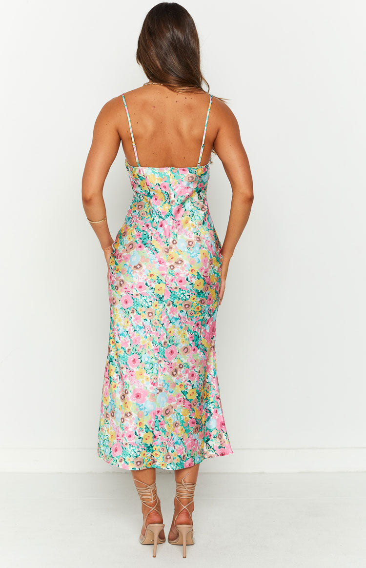 Ellri Floral Satin Midi Dress – Beginning Boutique US