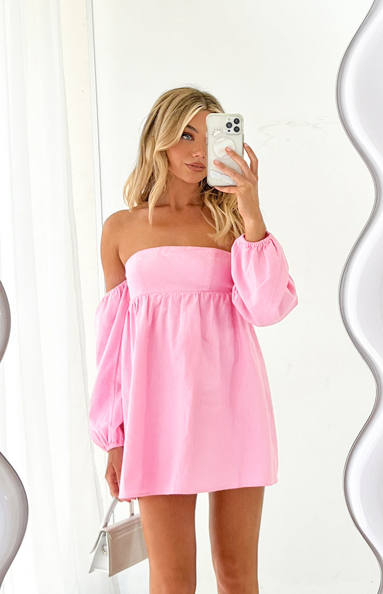 Koa Pink Off Shoulder Linen Mini Dress Image