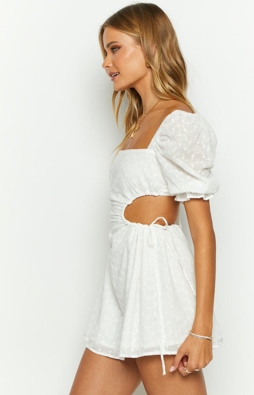 Leana White Broderie Mini Dress – Beginning Boutique US