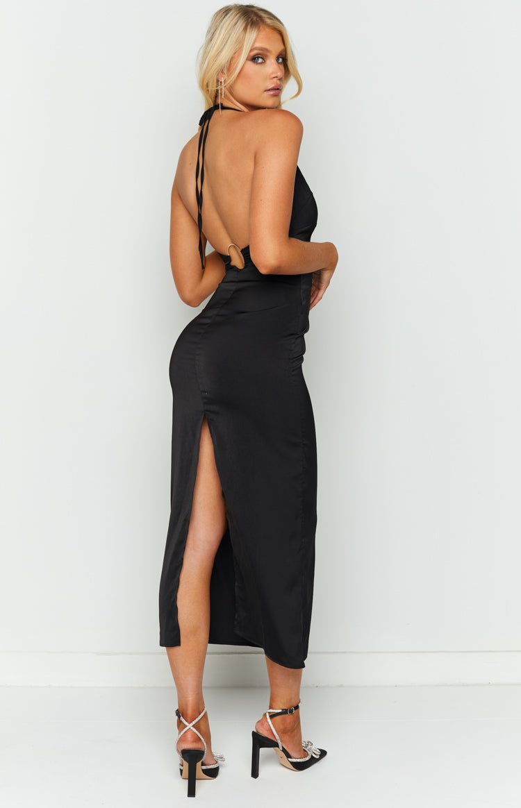 Shelby Black Satin Halter Midi Dress Image
