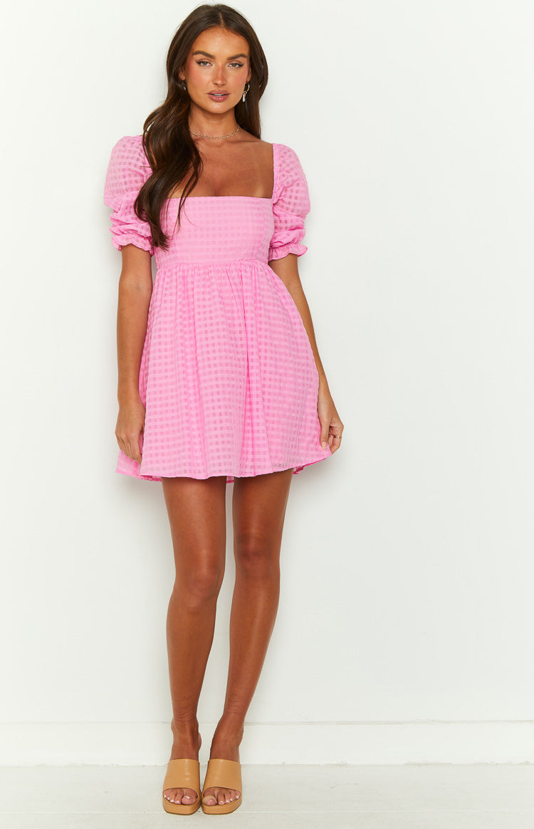 Pretty Pink Babydoll Dress - Puff Sleeve Mini Dress - Square Neck