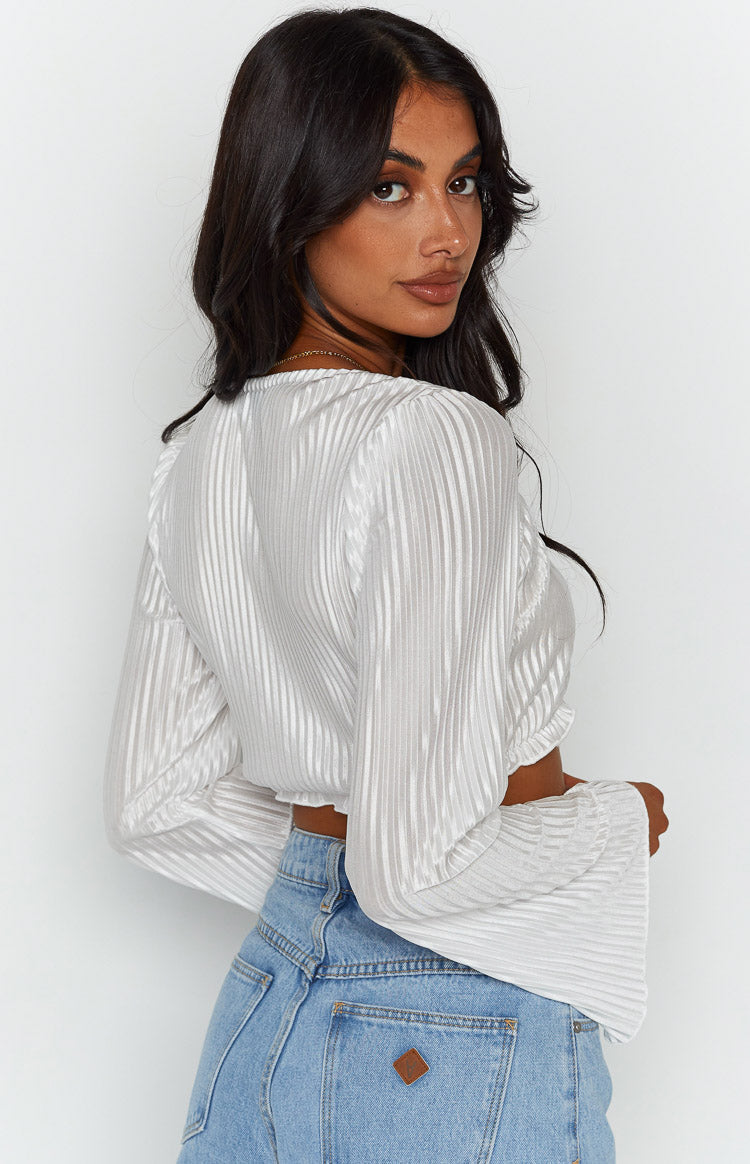 Tayla White Pleated Long Sleeve Top Image