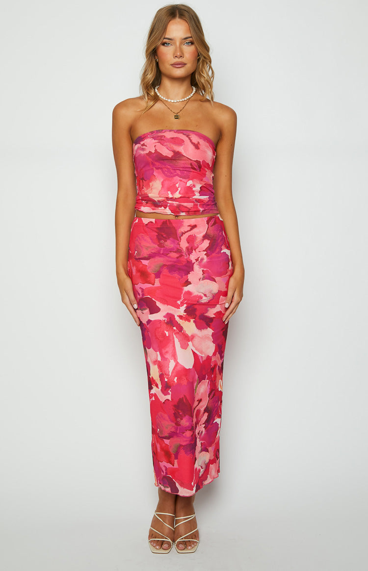 When in Rome Pink Print Mesh Maxi Skirt Image