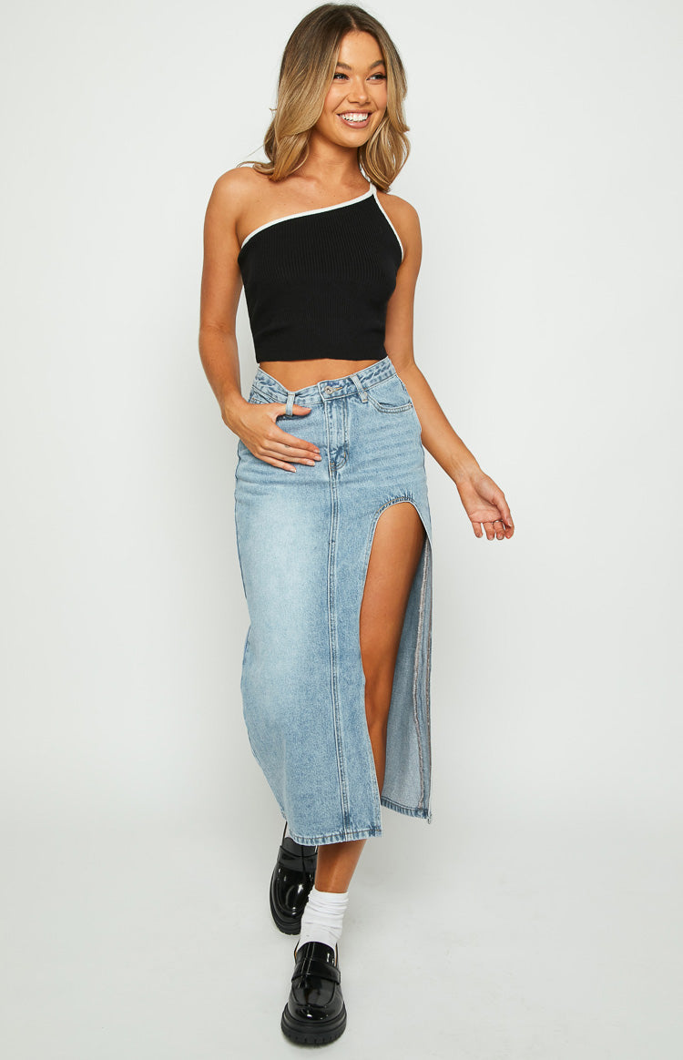 Aysha Cutout Blue Denim Midi Skirt – Beginning Boutique US