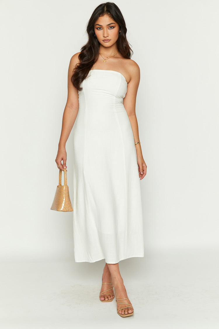 Vienna White Linen Blend Strapless Midi Dress Image